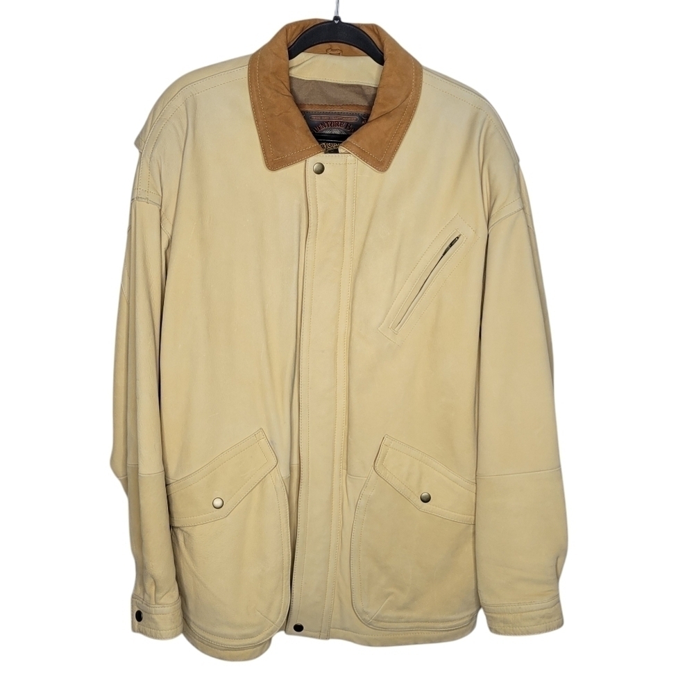 Vintage 80s Adventure Bound Wilsons Dual Tone Leather Barn Coat in Cream Brown